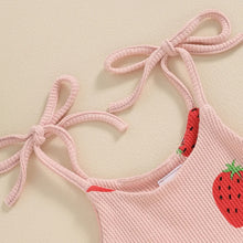 Load image into Gallery viewer, Baby Toddler Girl 2Pcs Summer Jumpsuit Strawberry Print Sleeveless Tie Tank Top Romper and Headband Set Clothes Outfits
