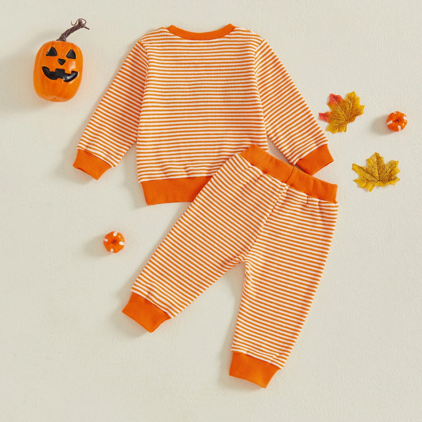 Baby Toddler Girls Boys 2Pcs Striped Set Halloween Ghost Embroidery Long Sleeve Pullover Top with Jogger Pants Fall Outfit