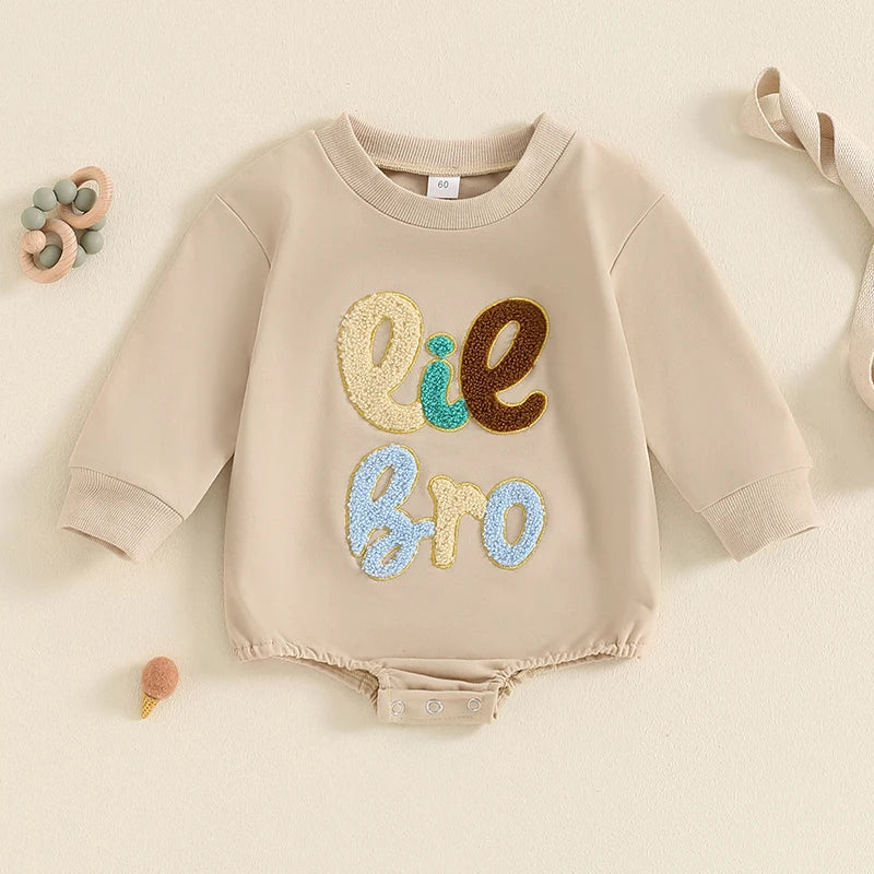 Baby Boy Lil Bro Romper Long Sleeve Round Neck Letter Embroidery Bodysuit Fall Playsuit