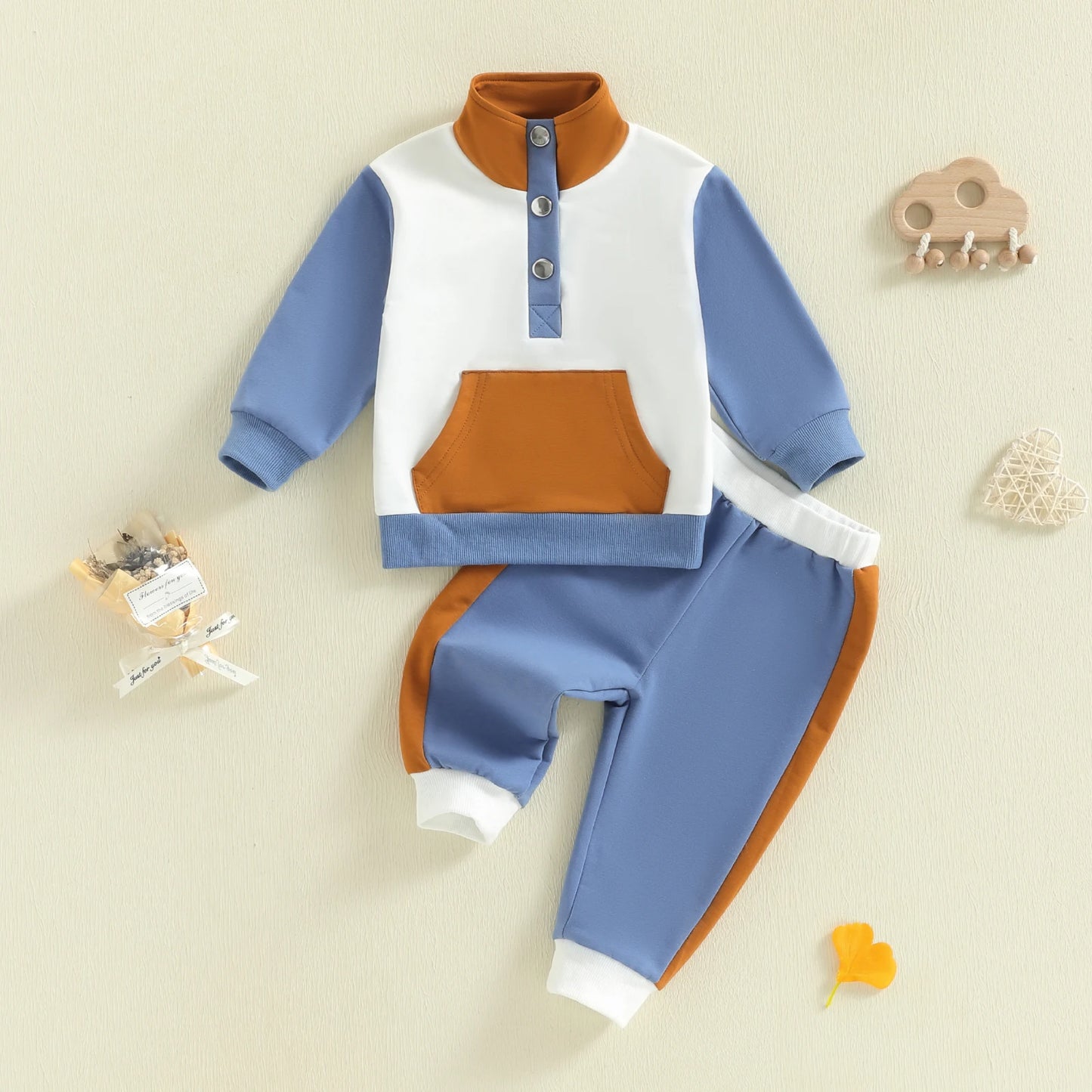 Baby Toddler Boys Girls 2Pcs Clothing Jogger Set Contrast Color Long Sleeve Collar Quarter Button Up Pullover with Pants Outfit
