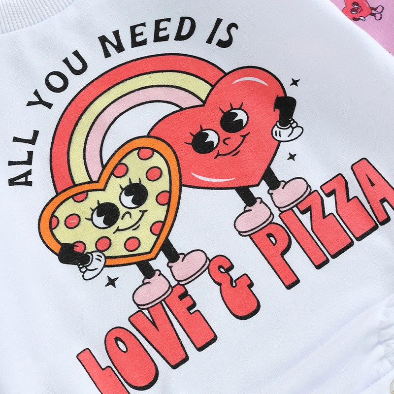 Baby Girls Bubble Romper Valentine's Day Heart Print Letters All You Need Is Love & Pizza Heart Long Sleeve Jumpsuit