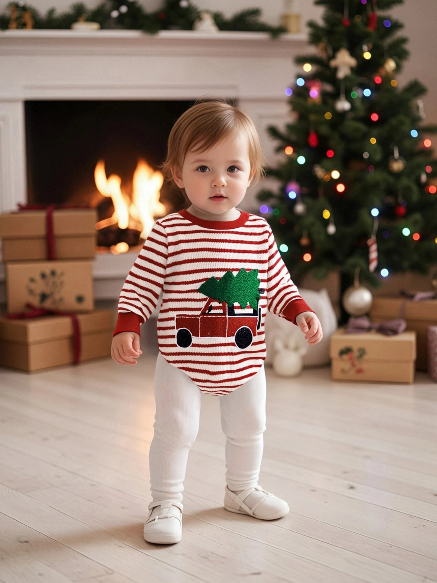 Baby Boy Girl Christmas Striped Jumpsuit Long Sleeve Round Neck Tree Truck Embroidery Romper