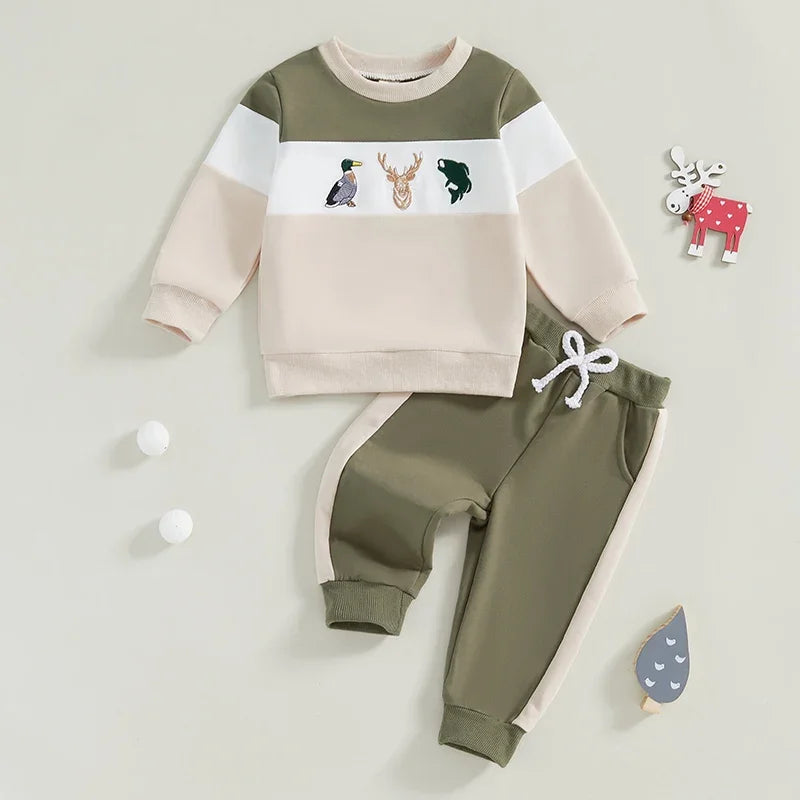 Baby Toddler Boy 2Pcs Christmas Winter Jogger Set Reindeer Whale Deer Duck Embroidery Long Sleeve Crewneck Pocket Long Pants Contrast Outfit