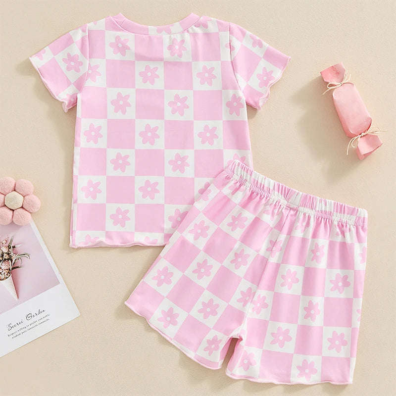 Baby Toddler Girls 2Pcs Outfit Floral Flower Checkered Print Short Sleeve Top with Elastic Waist Shorts Set