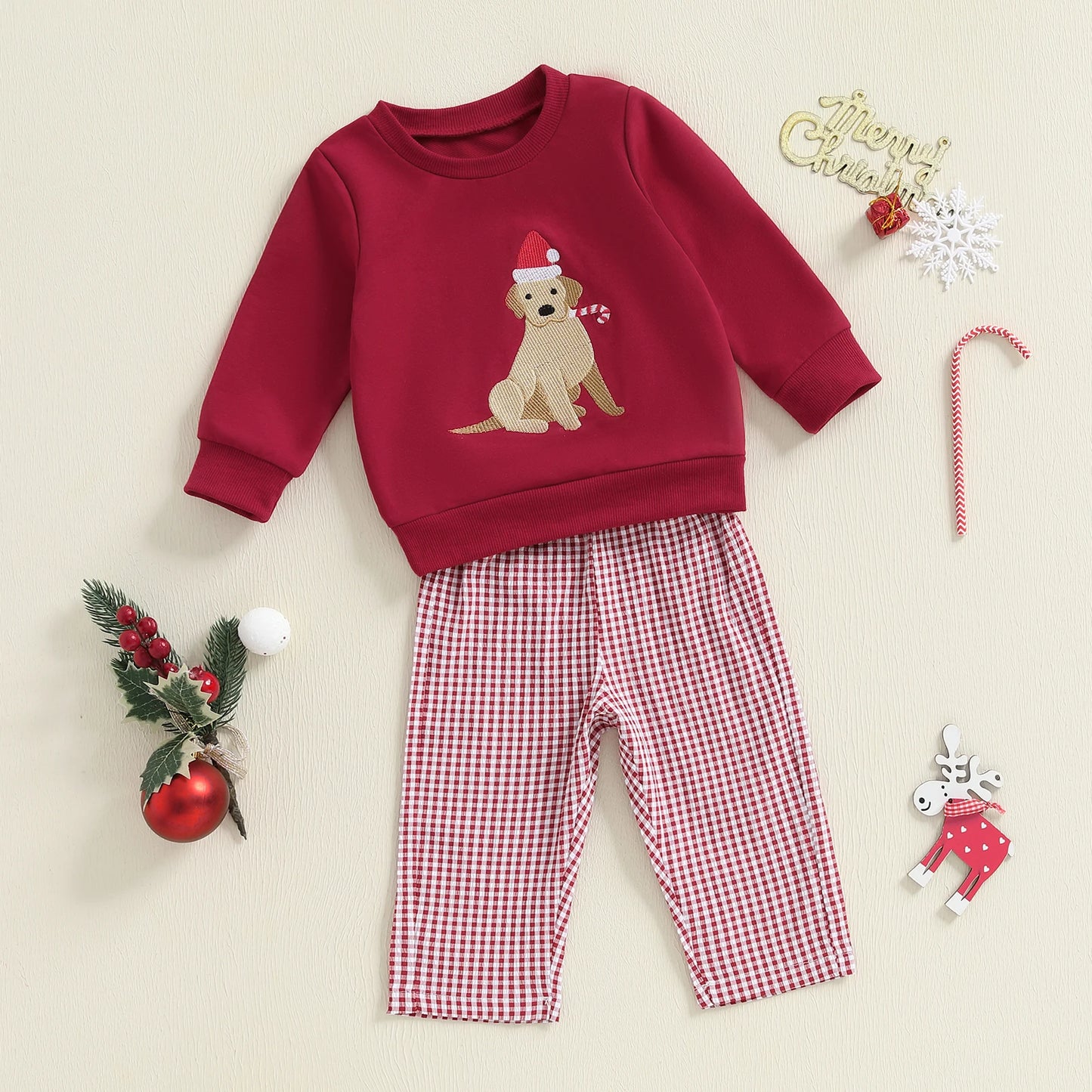 Baby Toddler Girls Boys 2Pcs Christmas Outfit Dog Embroidered Crew Neck Long Sleeve Top and Plaid Pants Set