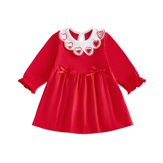 Baby Toddler Girls Valentine's Day Dress Heart Embroidery Collar Bow Decorated Long Sleeve Round Neck Dress