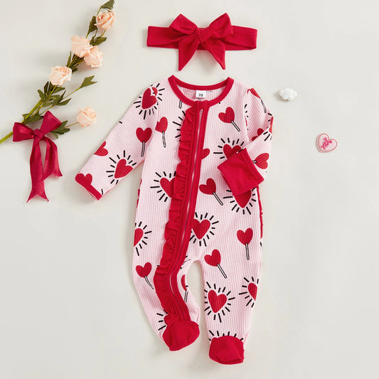 Baby Girl 2Pcs Valentines Day Zipper Romper Heart Candy Pattern Long Sleeve Zip Up Round Neck Footed Jumpsuit with Bow Headband Set