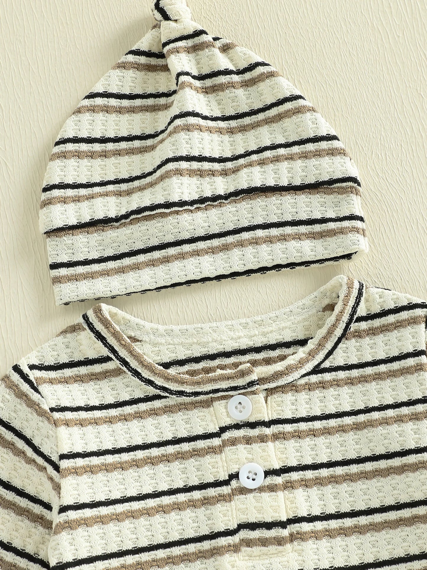 Baby Boy Girl 2Pcs Outfit Striped Long Sleeve Romper and Knotted Hat Spring Set