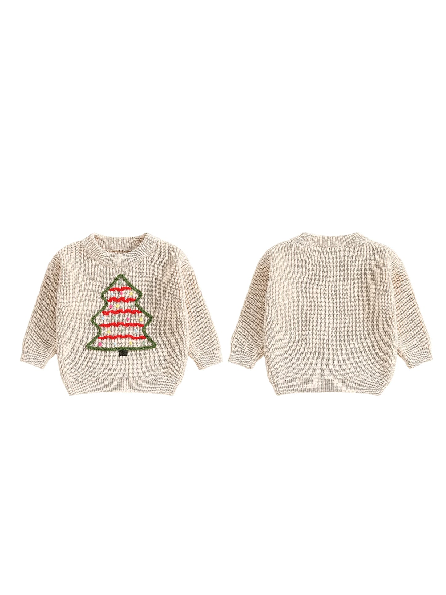 Baby Toddler Boys Girls Christmas Sweater Christmas Tree Embroidered Ribbed Long Sleeve Knitted Top for Winter
