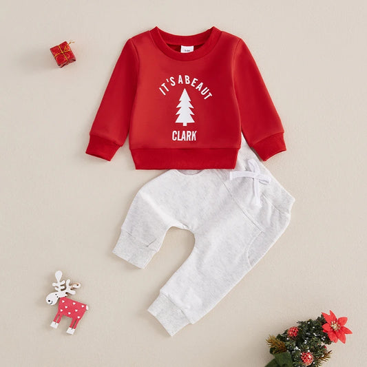 Baby Girl Boys 2Pcs Christmas Outfit It's A Beaut Clark Letter Tree Print Pullover Top Elastic Waist Pants Jogger Set