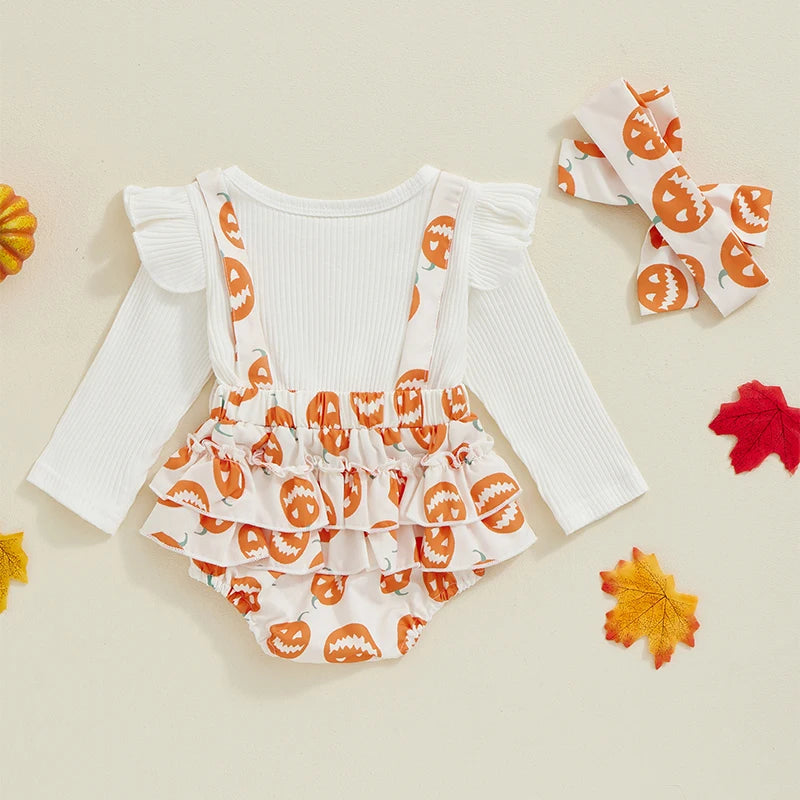 Baby Girls 2Pcs Halloween Romper Long Sleeve Pumpkin Print Ruffled Hem Jumpsuit with Headband Set