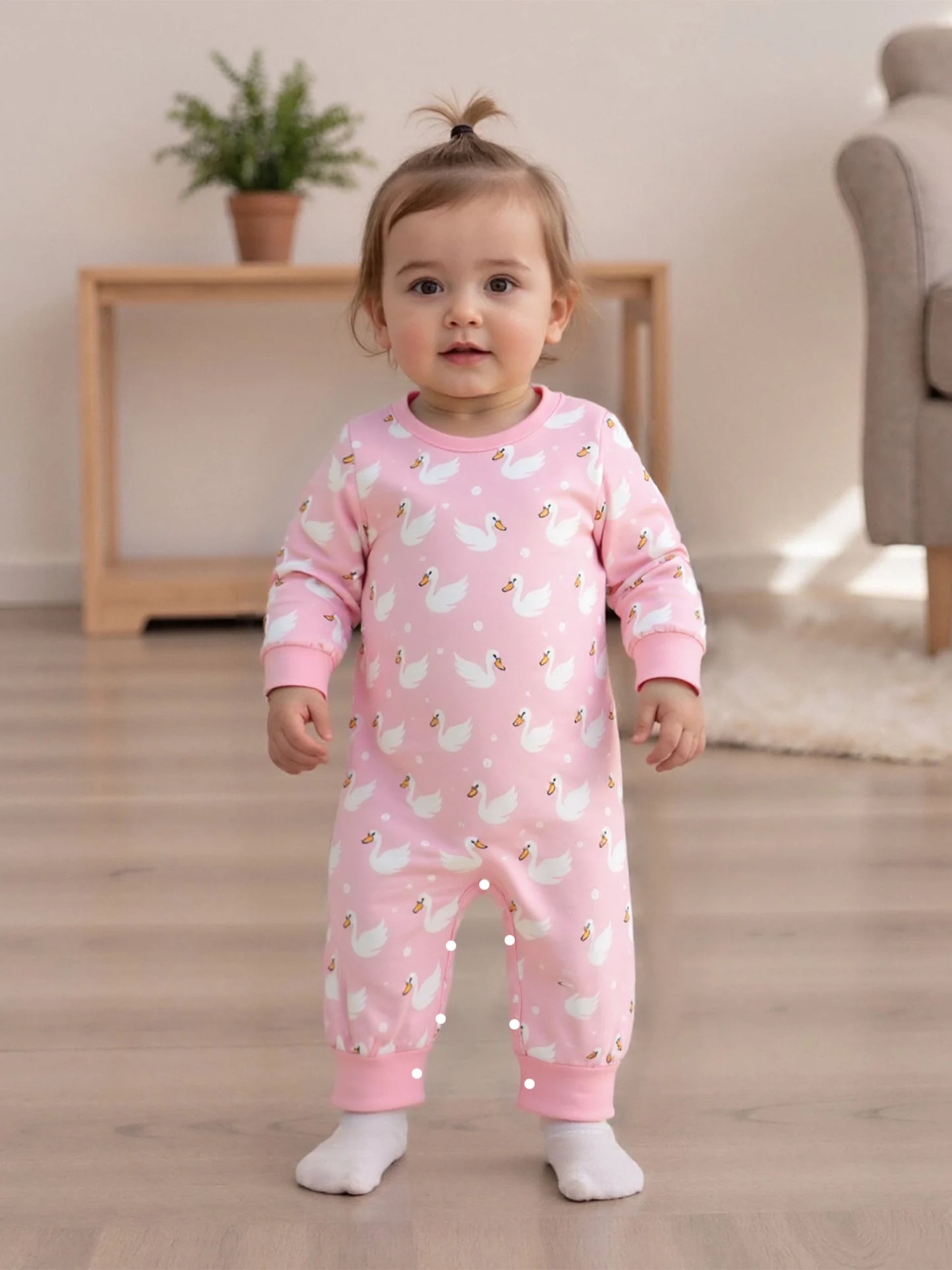 Baby Boys Girls Romper Comfortable Geese Print Crew Neck Long Sleeve Full Length Jumpsuit