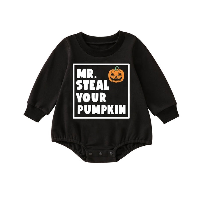 Baby Boys Halloween Bodysuit Black Long Sleeve Mr Steal Your Pumpkin Print Romper Jumpsuit