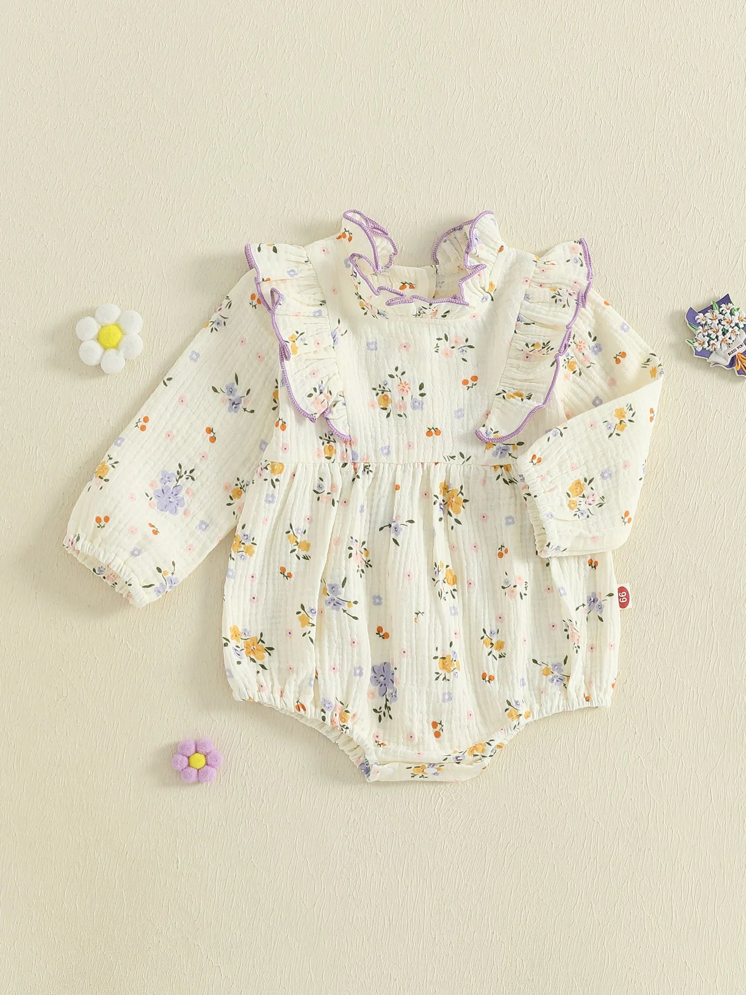 Baby Girl Fall Bubble Romper Floral Print Long Sleeve Frill Mock Neck Ruffled Jumpsuit