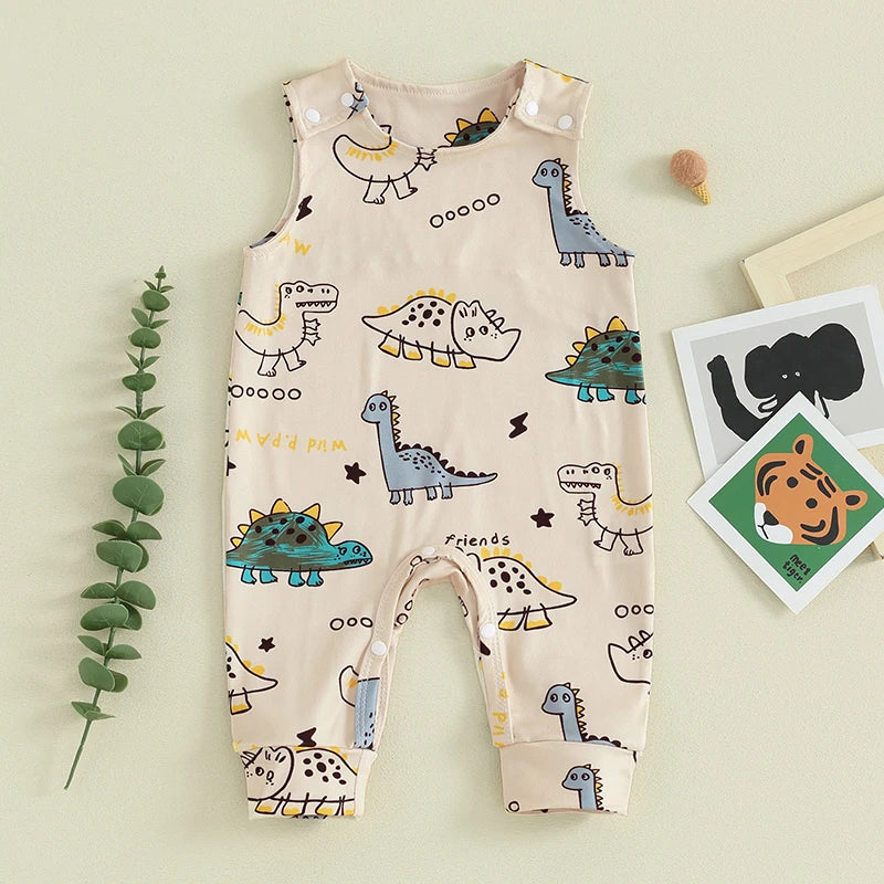 Baby Boys Summer Casual Jumpsuit Sleeveless Dinosaur Cartoon Print Button Romper