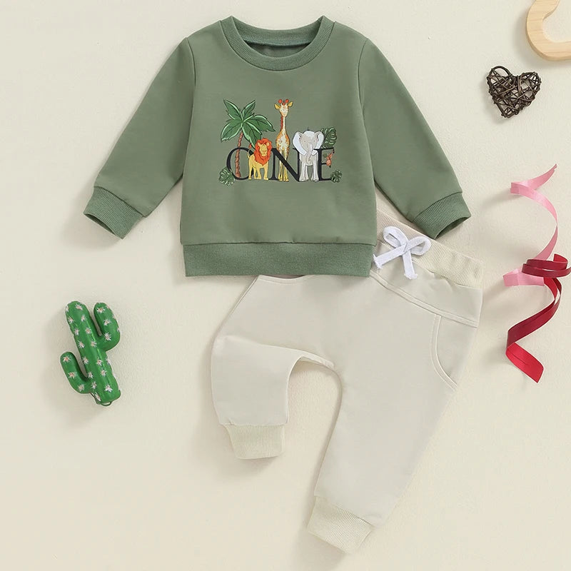 Baby Boys Girls 2Pcs 1st Birthday Outfit Long Sleeve ONE Letter Cowboy Gow Animals Print Top and Solid Color Pants Set