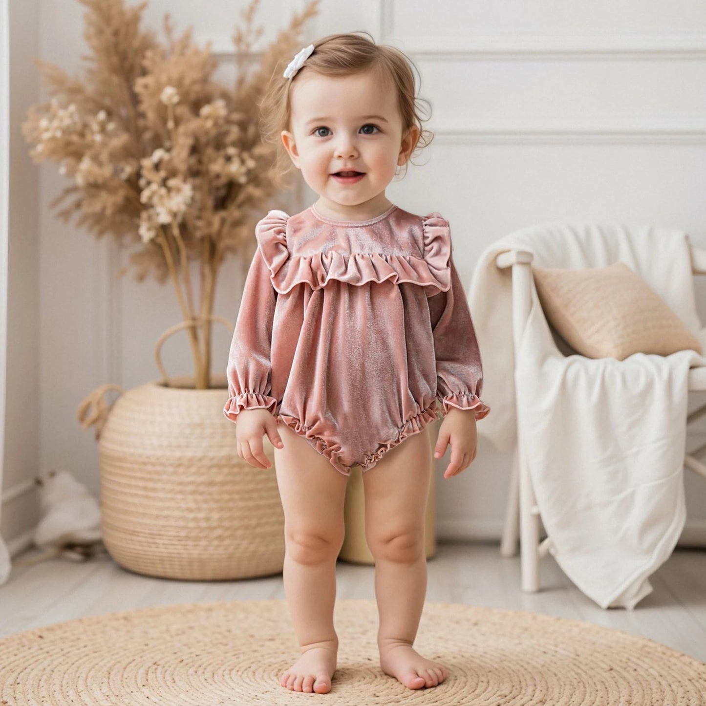 Baby Girls Velvet Romper Solid Color Ruffled Round Neck Long Sleeve Bubble Jumpsuit