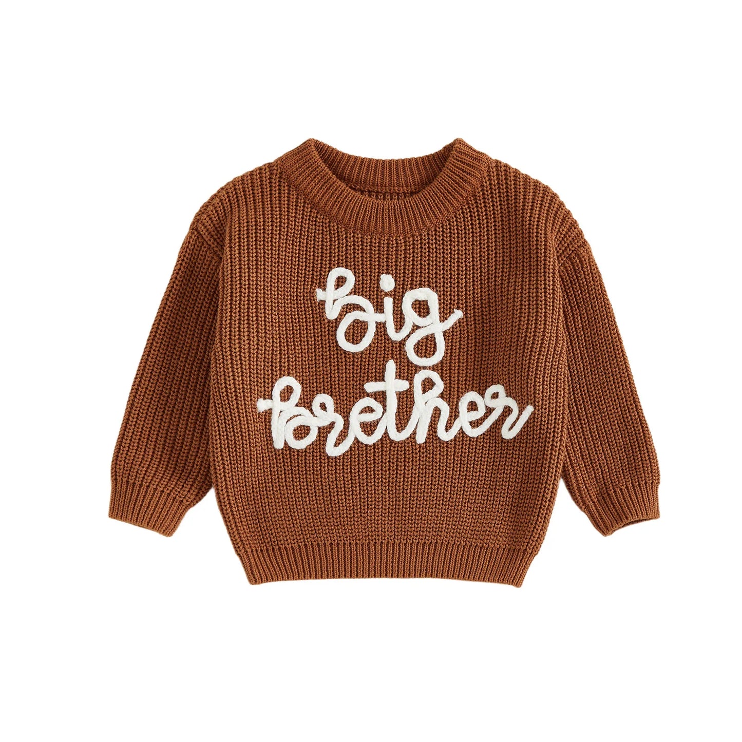 Toddler Boy Big Brother Fall Sweater Letter Embroidered Crewneck Long Sleeve Pullover Chunky Knit Tops