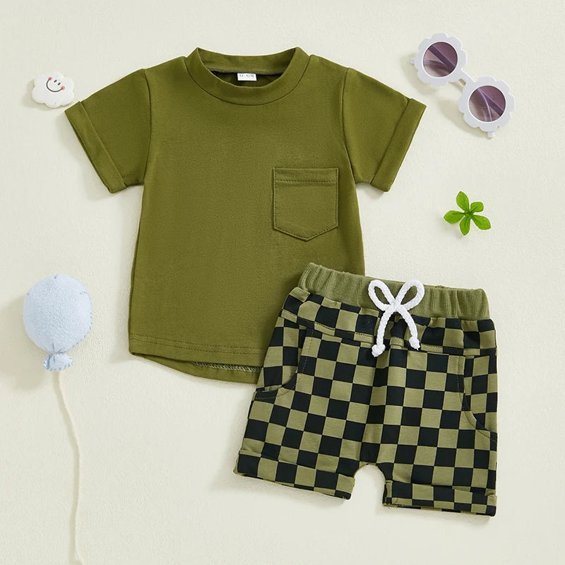 Baby Toddler Boys 2Pcs Summer Outfit Solid Color Short Sleeve Top T-Shirt Checkered Shorts Set