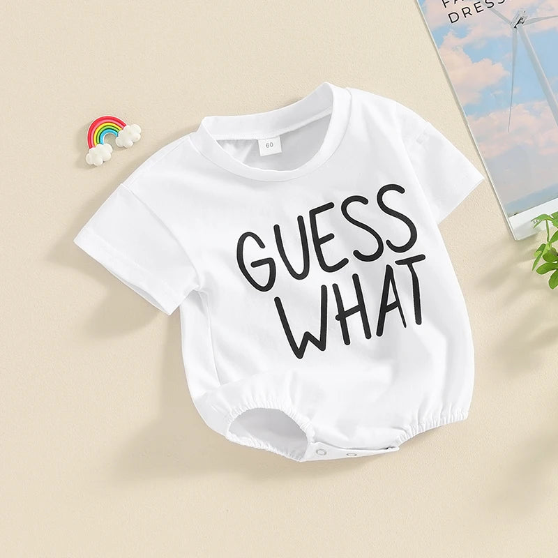 Baby Girls Boys Romper Round Neck Short Sleeve Letter Print Guess What Chicken Butt Print Jumpsuit Outfit