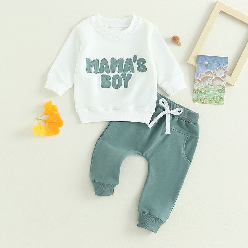 Baby Toddler Boys Girls 2Pcs Fall Clothes Sets Long Sleeve Mamas Boy Embroidery Tops Pant