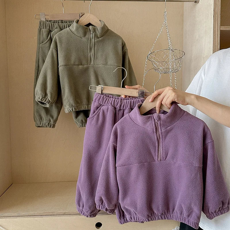 Toddler Kid Boy Girl 2Pcs Clothes Set Fleece Pullover Top Pant Suit Casual Warm Thick Winter Two Piece Jogger Set