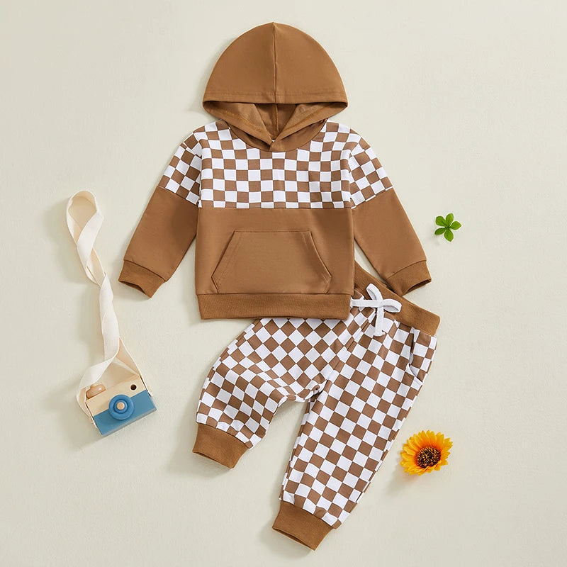 Baby Toddler Boys 2Pcs Outfit Checker Print Long Sleeve Hooded Top Hoodie with Elastic Waist Long Pants Jogger Set