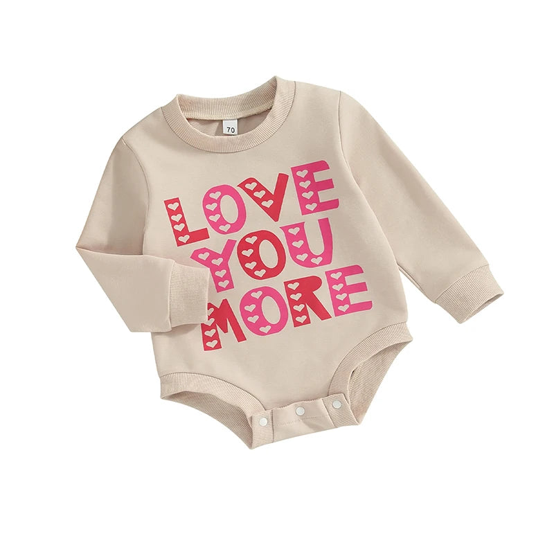 Baby Toddler Girls Valentine's Day Jumpsuit Letter LOVE YOU MORE Heart Print O-Neck Long Sleeve Bubble Romper