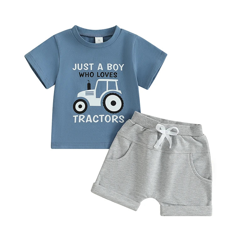 Baby Toddler Boys 2Pcs Summer Outfit Just A Boy Who Loves Tractors Letter Print Round Neck Short Sleeve Top with Solid Shorts Set