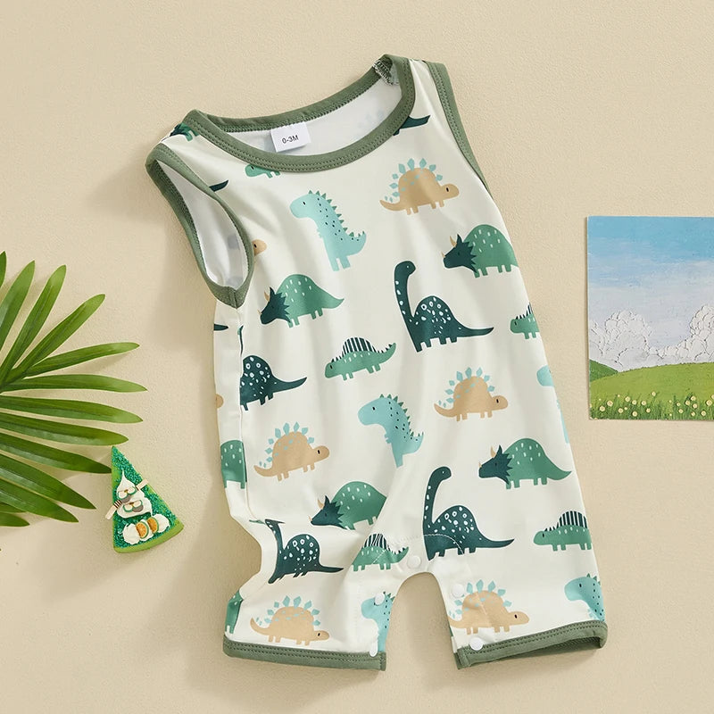 Baby Boys Summer Spring Romper Sleeveless Cartoon Dinosaur Print Tank Top Jumpsuit