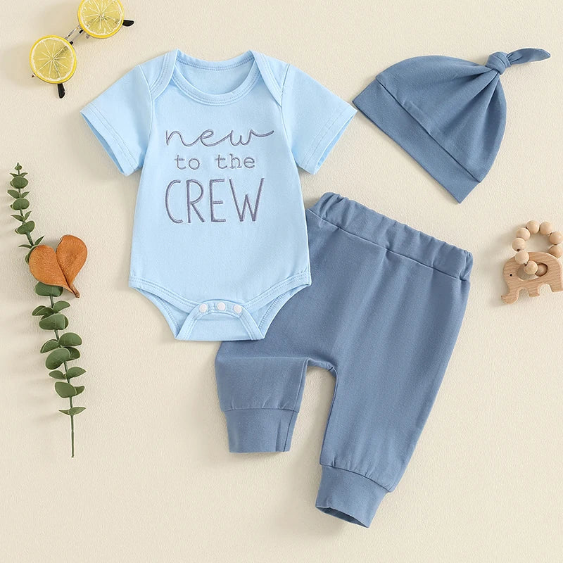 Baby Boy 3Pcs New To The Crew Outfit Letter Short Sleeve Romper with Solid Color Pants and Hat Set