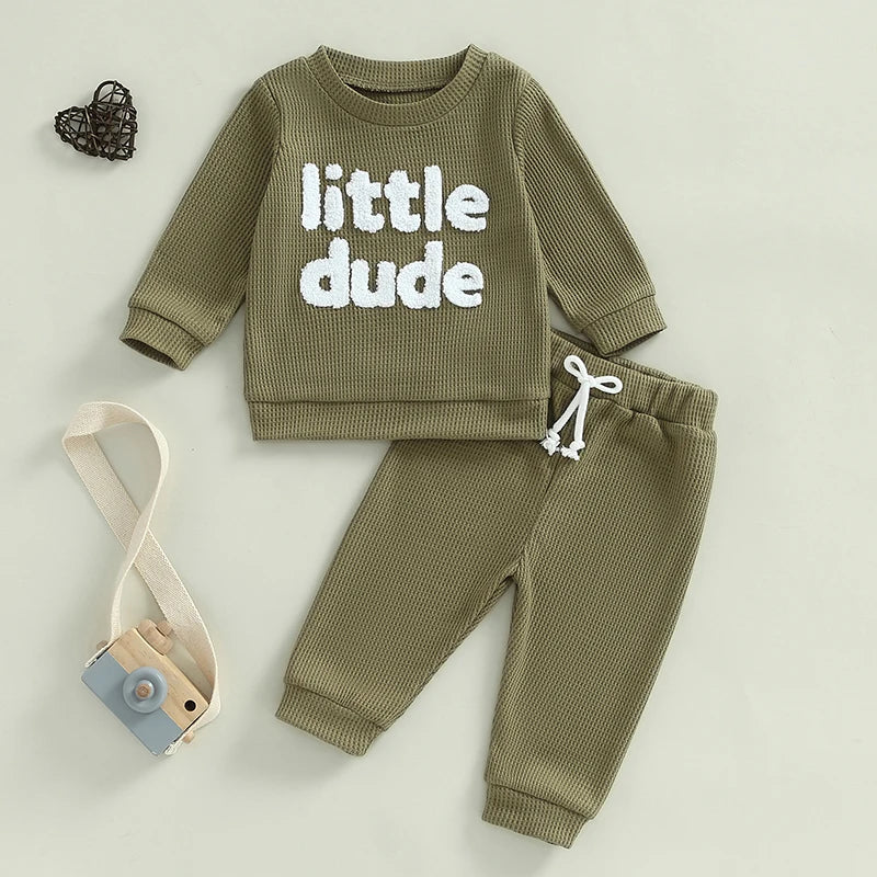 Baby Toddler Boys 2Pcs Little Dude Waffle Outfit Letter Embroidery Long Sleeve Top with Elastic Waist Solid Pants Set