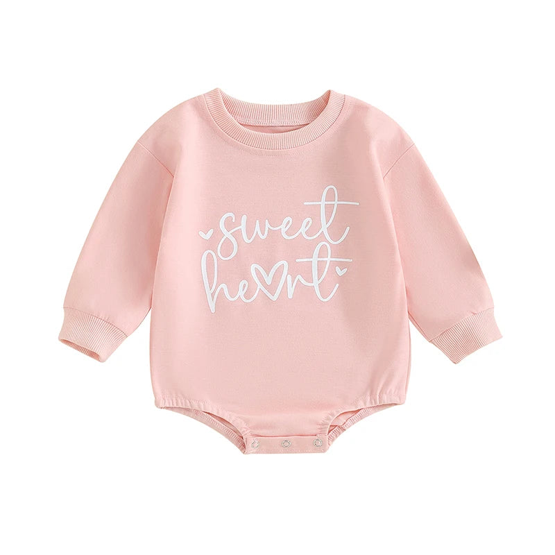 Baby Girls Boys Valentine's Day Long Sleeve Sweet Heart Letters Bubble Romper