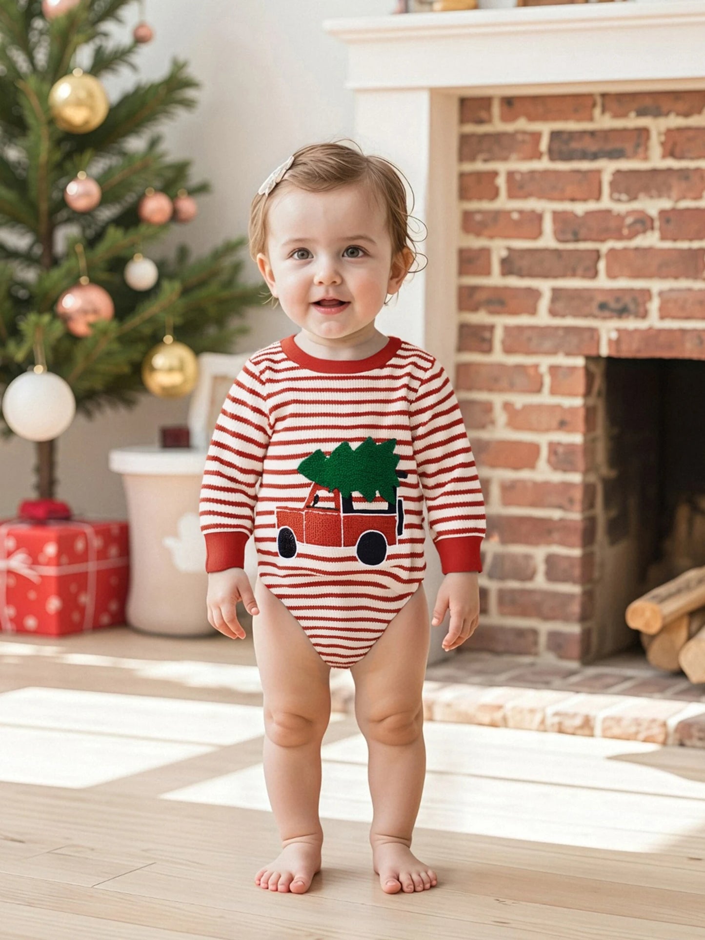 Baby Boy Girl Christmas Striped Jumpsuit Long Sleeve Round Neck Tree Truck Embroidery Romper