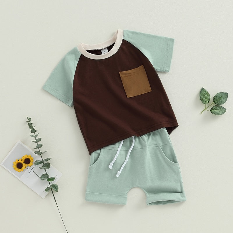 Baby Toddler Boys 2Pcs Short Sleeve Contrast Color Tops Drawstring Shorts Outfit