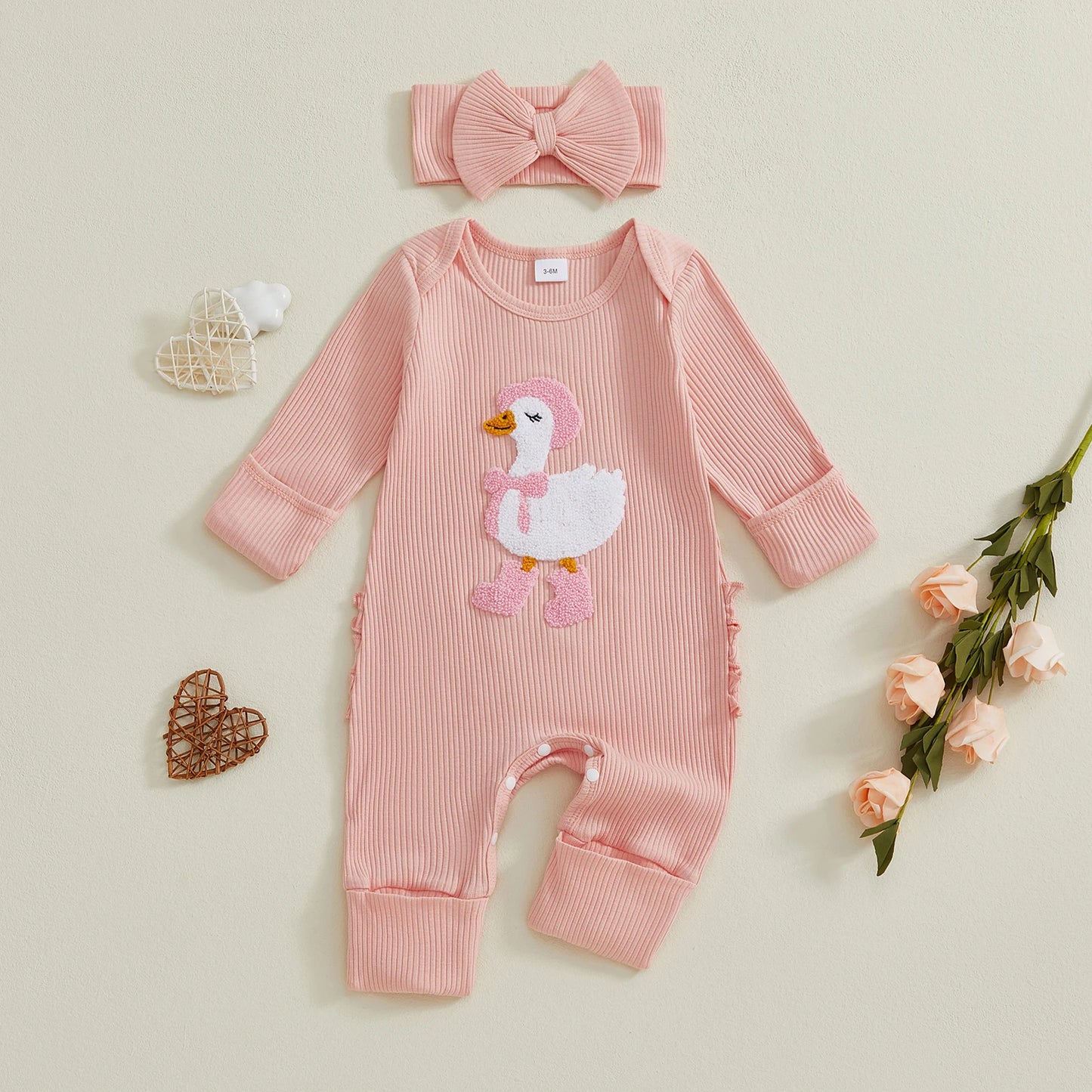 Baby Girl 2Pcs Fall Outfit Golf Goose Bee Print New to the Hive / Club Long Sleeve Ribbed Romper with Bow Headband 2Piece Set