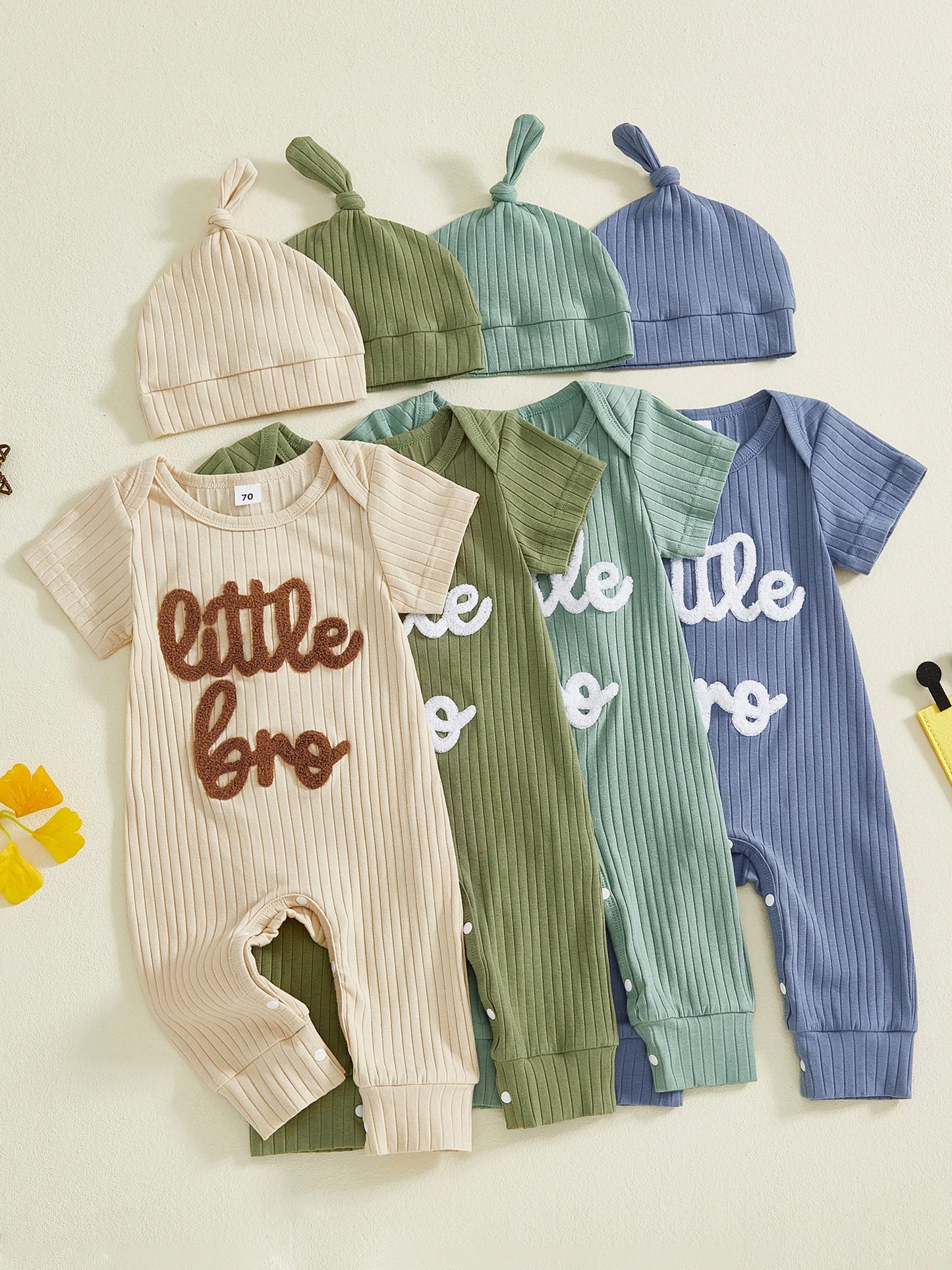Baby Boy 2Pcs Little Bro Short Sleeve Romper Ribbed Letter Embroidery Round Neck Infant Jumpsuit with Hat Set