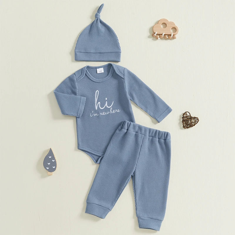 Baby Boys 3Pcs Hi I'm New Here Waffle Fall Set Letter Print Long Sleeve Round Neck Romper Long Pants Hat Outfit