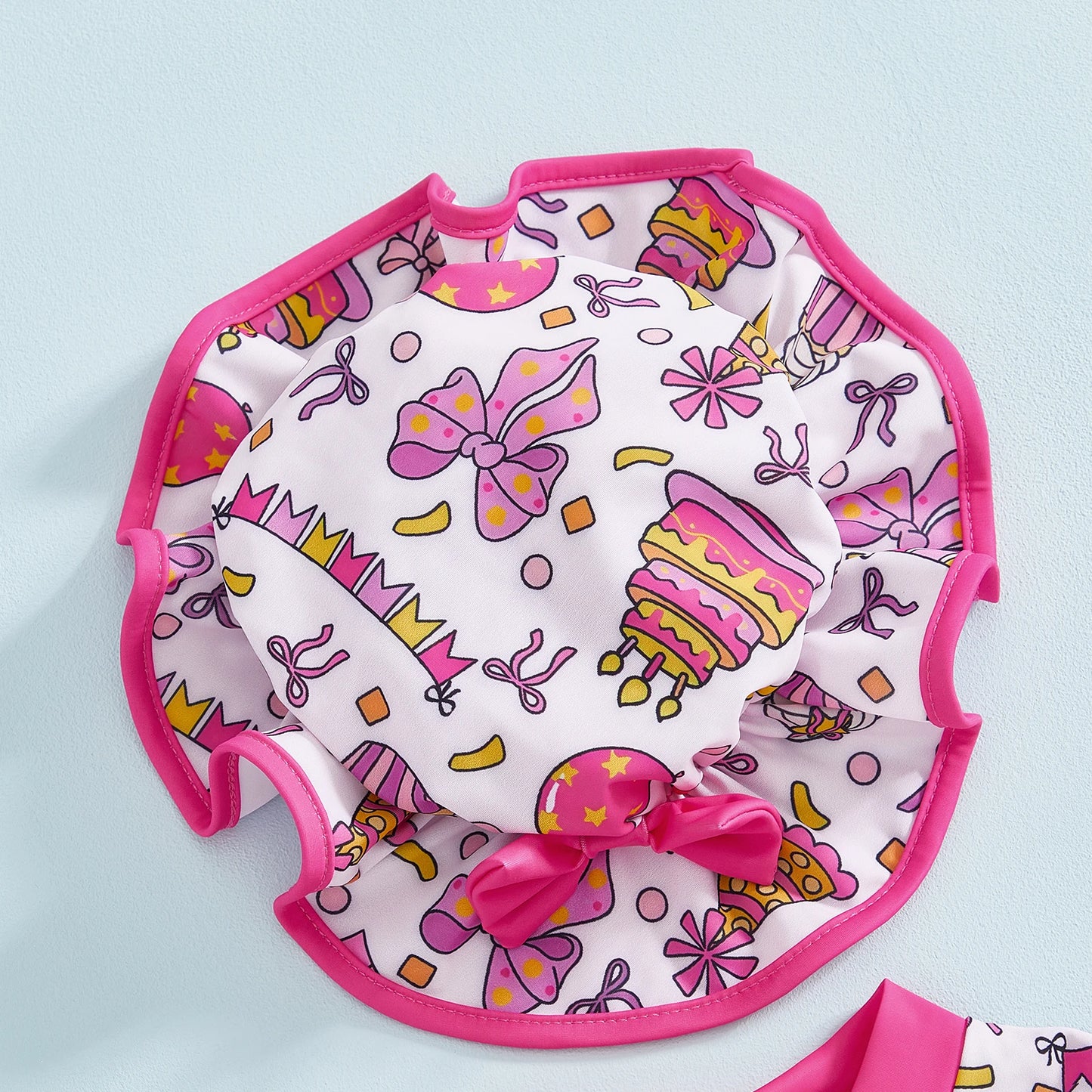 Baby Toddler Girls 2Pcs Swimsuit Set Bow Cake Birthday Print Flying Sleeve Zip-up Bathing Suit with Hat Outfit