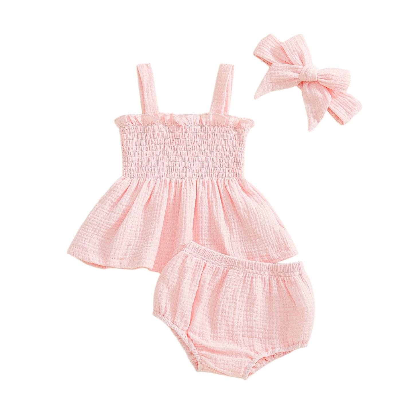 Baby Girl Summer Outfits Solid Color Ruffled Trim Smocked A Line Sleeveless Tops Shorts and Headband 3 Pcs Set