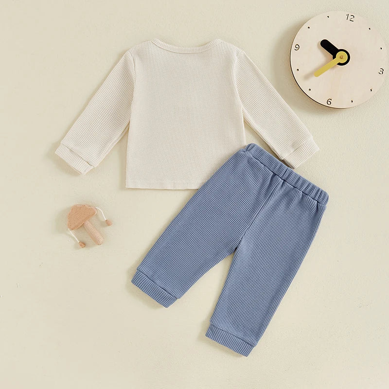 Baby Toddler Boy 2Pcs Outfit Long Sleeve Waffle Pocket Button Top + Pants Set