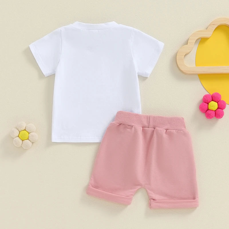 Baby Girl 2Pcs Birthday Girl One Year Old Flower Letter Print Short Sleeve Top Elastic Waist Shorts Outfit Set