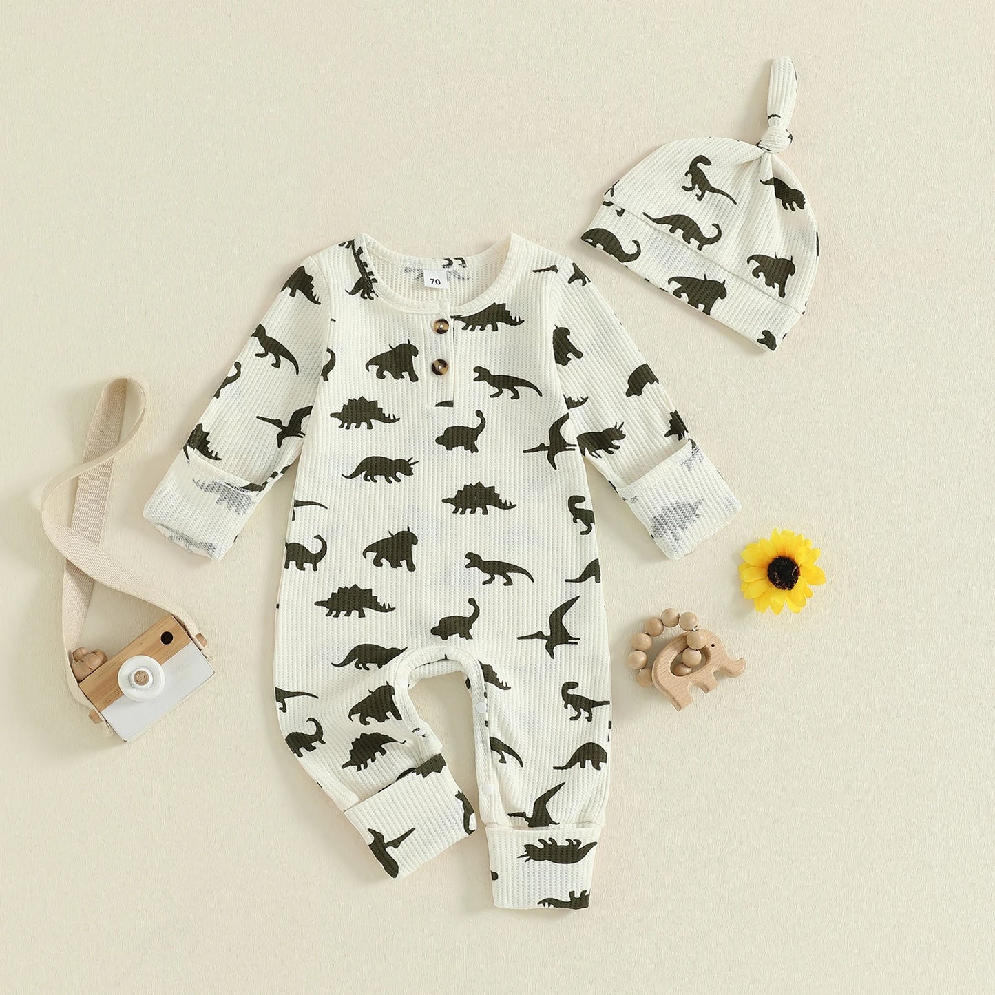 Baby Boys Girls 2Pcs  Jumpsuit Set Long Sleeve Crew Neck Dinosaur Print Fall Casual Romper with Hat