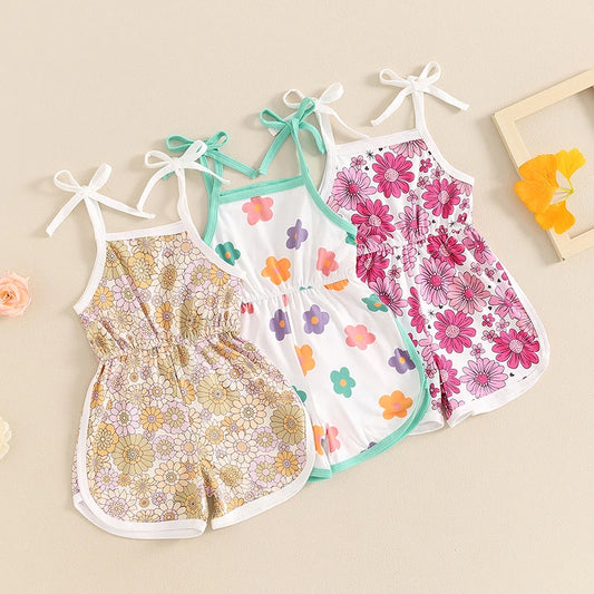 Baby Toddler Girls Summer Jumpsuit Sleeveless Tie Strap Tank Top Elastic Waist Floral Flower Print Romper Shorts Playsuit