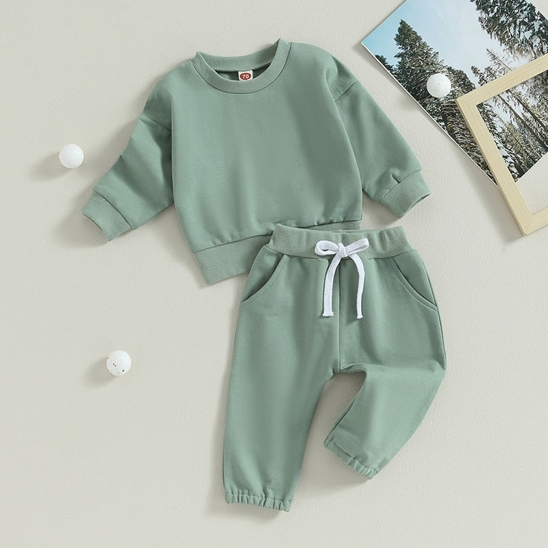 Baby Toddler Girls Boys 2Pcs Fall Sets Solid Long Sleeve Tops Pants Outfit