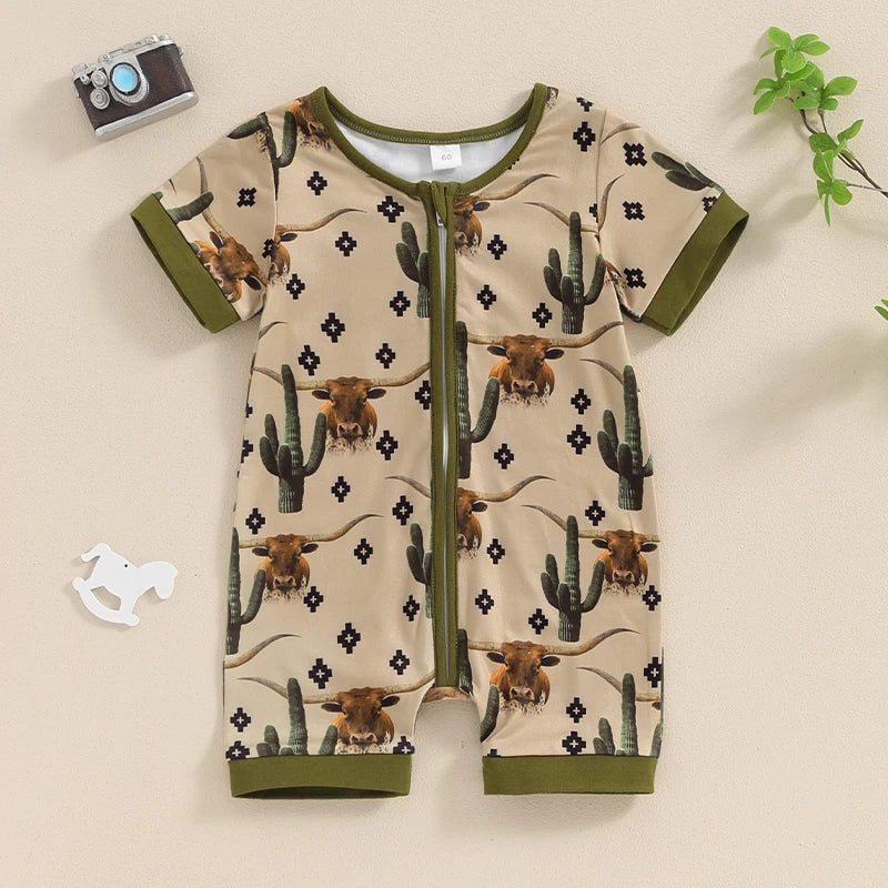 Baby Boys Summer Romper Short Sleeve Crew Neck Cactus Cow Horse Cowboy Print Zipper Jumpsuit