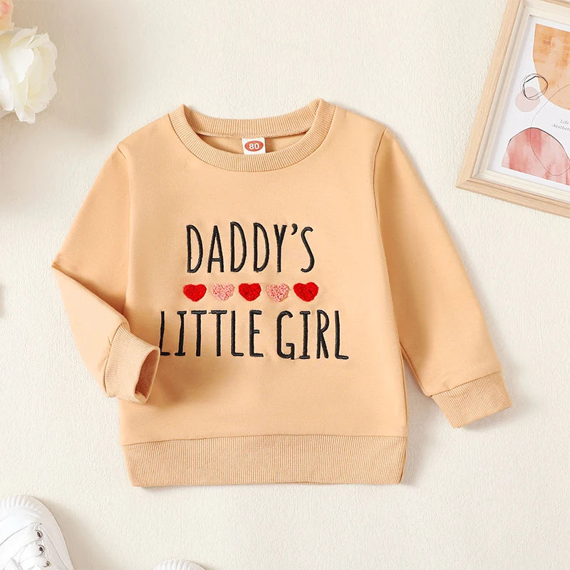 Baby Toddler Girl Daddy's Little Girl Letter Heart Fuzzy Embroidery Long Sleeve O-Neck Pullover Top