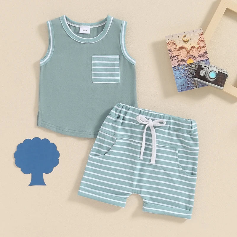 Baby Toddler Boys 2Pcs Summer Outfit Pocket Sleeveless Tank Top and Stripe Elastic Waist Shorts Clothes Set