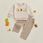 Baby Toddler Boys Girls 2Pcs Thanksgiving Outfit Pumpkin Turkey Pie Long Sleeve Crewneck Top Plaid Elastic Waist Pants Set