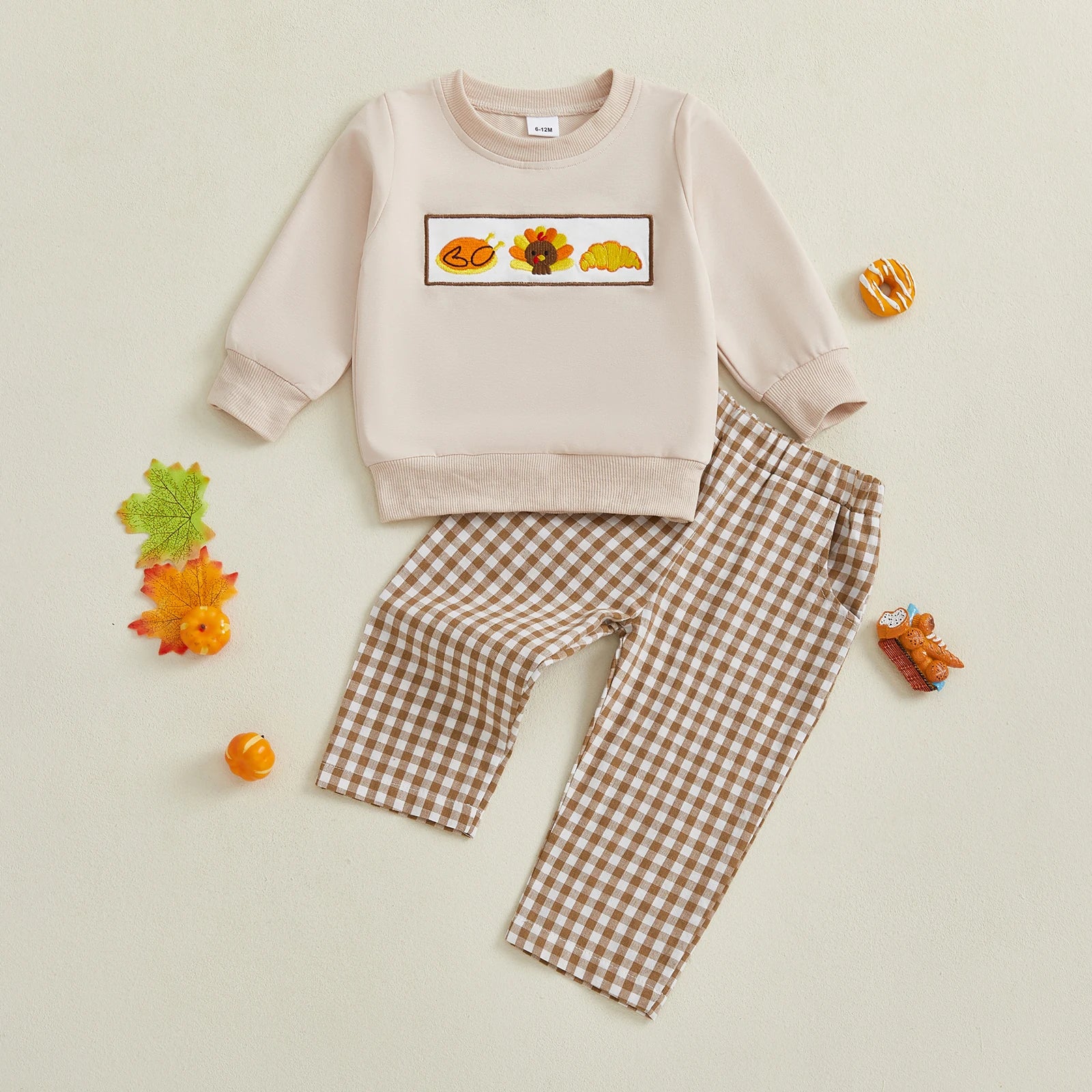Baby Toddler Boys Girls 2Pcs Thanksgiving Outfit Pumpkin Turkey Pie Long Sleeve Crewneck Top Plaid Elastic Waist Pants Set